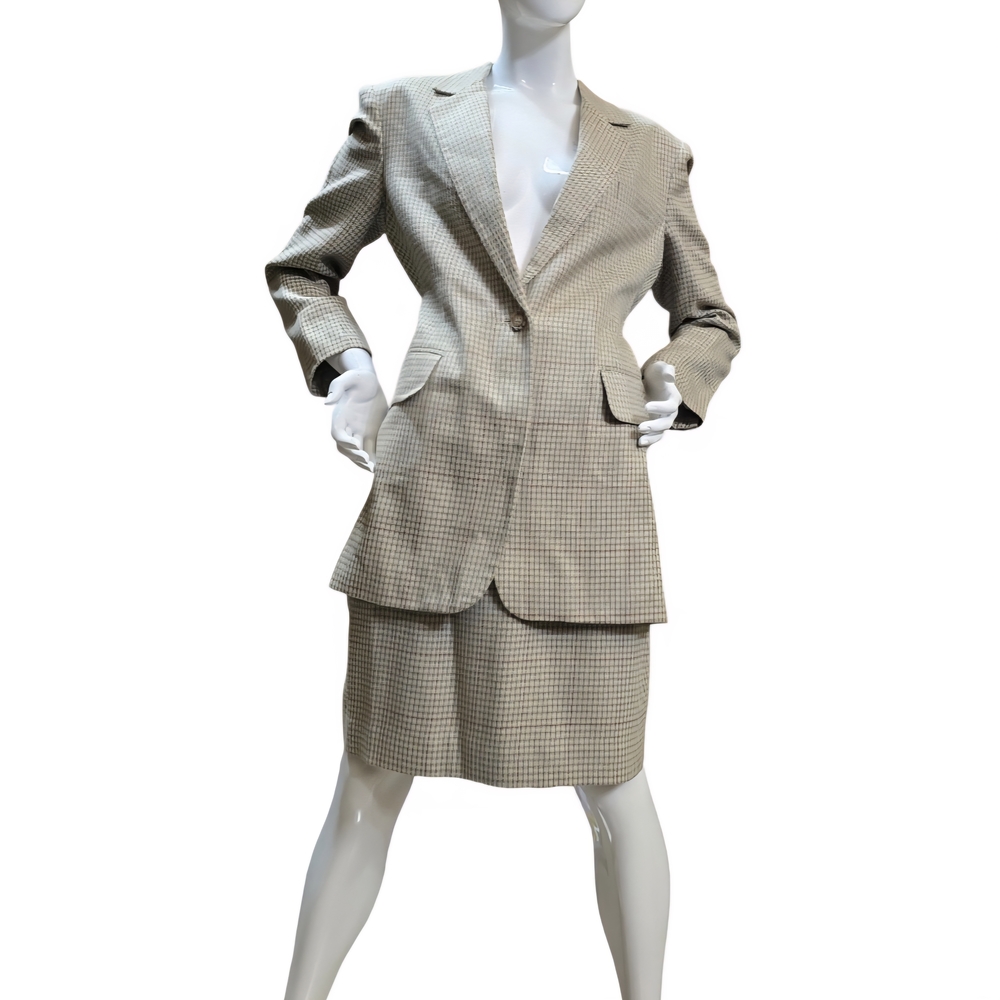 VTG Paradox Tan Checkered Blazer and Skirt Ensemble Sz 12